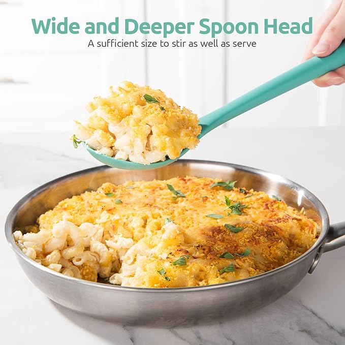 600쨘F Heat Resistant Silicone Spoons: U-Taste 13.3in Solid & Slotted Kitchen Cooking Tool, Nonstick Long Rubber Utensil, Sturdy for Mixing, Serving, Stirring, Frying, Basting (Aqua Sky, 2PCS)
