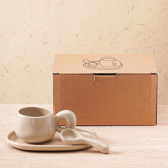 Uaral Ceramic Coffee Mugs Set,Cups Set with Saucer and Spoon for Coffee/Tea Break,Latte Breakfast.10oz Coffee Mug,8inch Ceramic Serving Tray and Spoon.3 Piece,Matte Cream