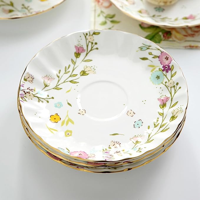Bone China Tea Cups and Saucers,Country flower Handle Ceramic Coffee Mugs with Spoon&Fork,about 6 oz/175ml