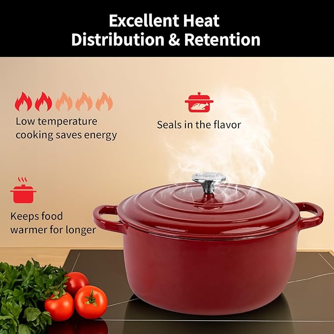 Enameled Cast Iron Dutch Oven Pot with Lid, 3.9 Quart Dutch Oven for Bread Baking, Oven Safe up to 500째 F, Suitable for Bread Baking, Braising, Roasting, Stews, Red