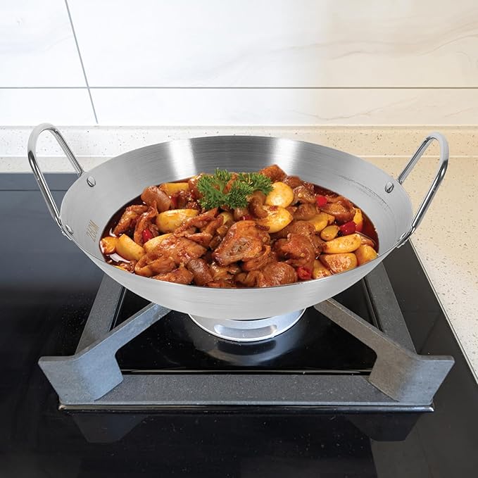 STOBOK Stainless Steel Wok Pan 10 Inch Round Bottom Double Handle Frying Pan for Stir-Frying Sauteing and Cooking on Induction and Gas Cooktops