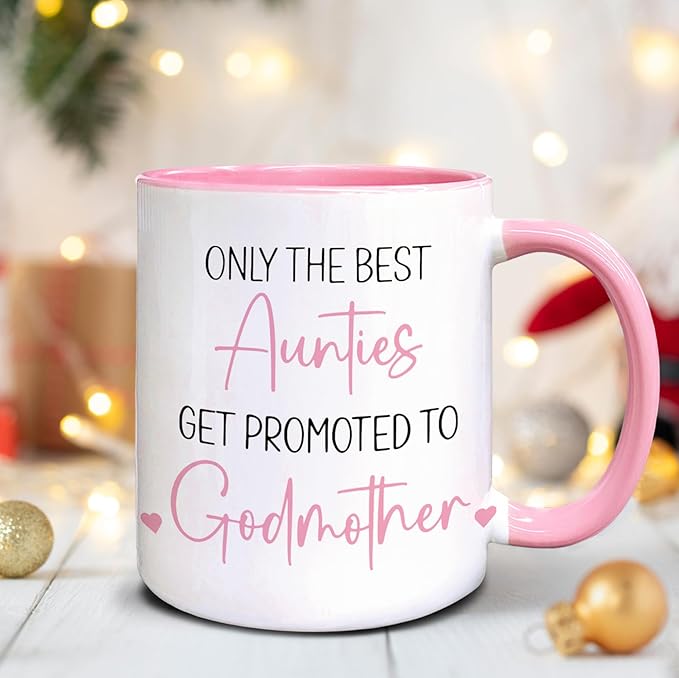 QASHWEY Godmother Coffee Mug, Godmothers Gifts, Aunties Aunt Gifts, Pregnancy Announcement CoffeeMug Tea Cup Gift for Friends Women, Promoted to Godmother Coffee Cups Ceramic 11oz(Pink)