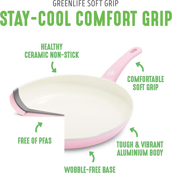 GreenLife 6QT Ceramic Nonstick Stockpot with Glass Straining Lid, PFAS-Free, Dishwasher Safe, Stay-Cool Handles, Oven Safe to 350째F, Wobble-Free Base, Even Heating, Pink