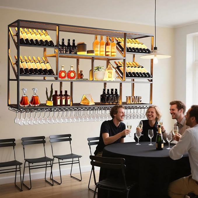 59.1in Wine Mounted Wine Rack, 3-Tier Metal Bar Shelves with Cups Hanging Holder, Large Modern Decorative Display Liquor Shelf, for Bar Dining Room Cafe (59.1" W)