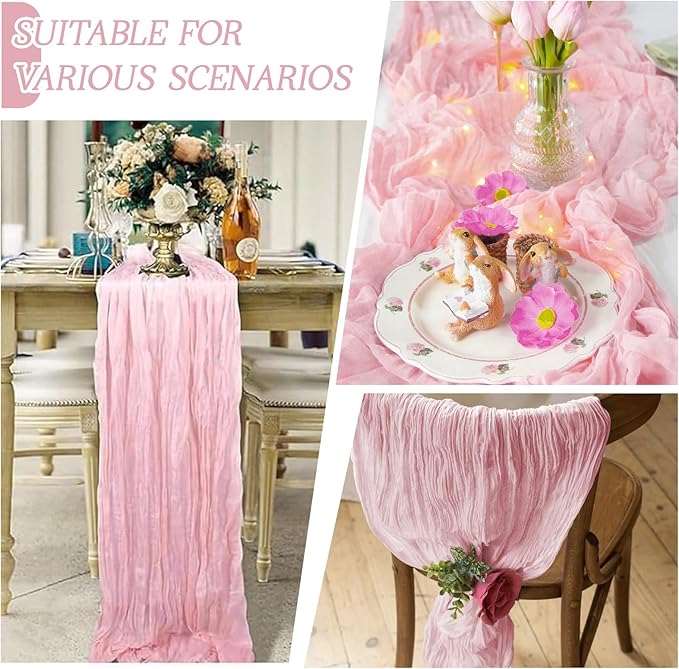 RealBox 3 Pack Light Pink Cheesecloth Table Runner 17x108 Inch Semi Sheer Boho Gauze Cheese Cloth Fabric Table Runners Table Decor for Wedding Party Baby Shower Birthday Home Decor Garden Farmhouse