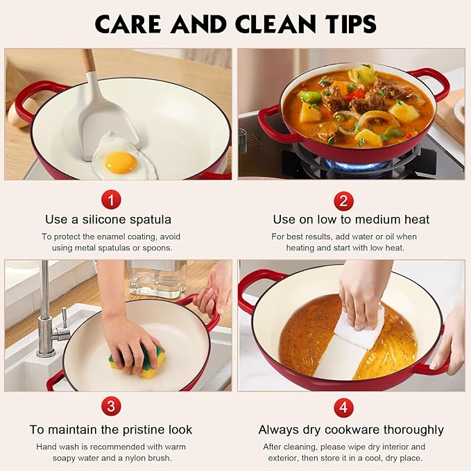 Overmont Enameled Cast Iron Dutch Oven - 3.8 Quart Dutch Oven Pot with Lid - Shallow Cookware Braising Pan - Cast iron Casserole with Cookbook & Heat-resistant Caps - Oven Safe up to 500째 F
