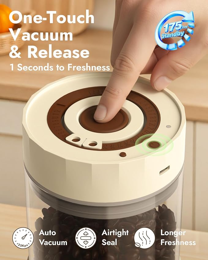 Electric Vacuum Coffee Canister & Food Storage Jar ??One-Button Operation Auto Airtight Sealed Coffee Container, 34 fl oz for 0.9 lb Beans
