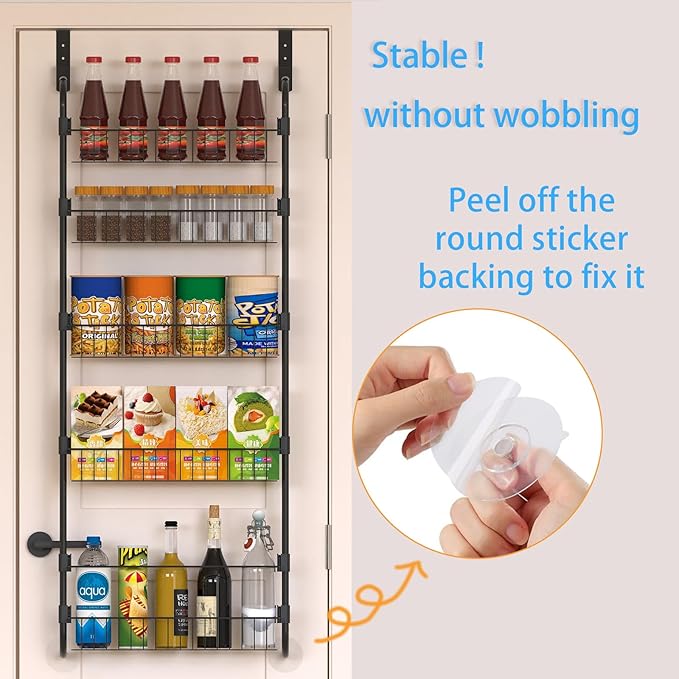 Black Over the Door Pantry Organizer 5 Tier, Adjustable Basket Pantry Door Organizer and Storage, Heavy Duty Metal Kitchen Hanging Spice Rack (D5xW19xH50 Inches)