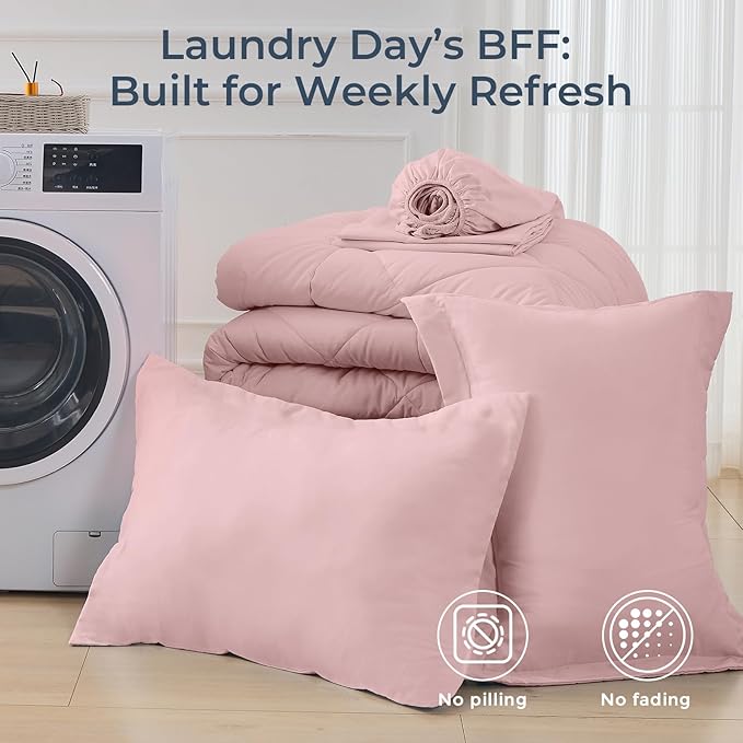 HEVUMYI Dusty Pink Twin-XL Comforter Set - 5-Piece All Season Bed in a Bag Twin-XL, Ultra Soft Bedding Set with Comforter, Flat Sheet, Fitted Sheet, Pillowcases, Pillow Shams