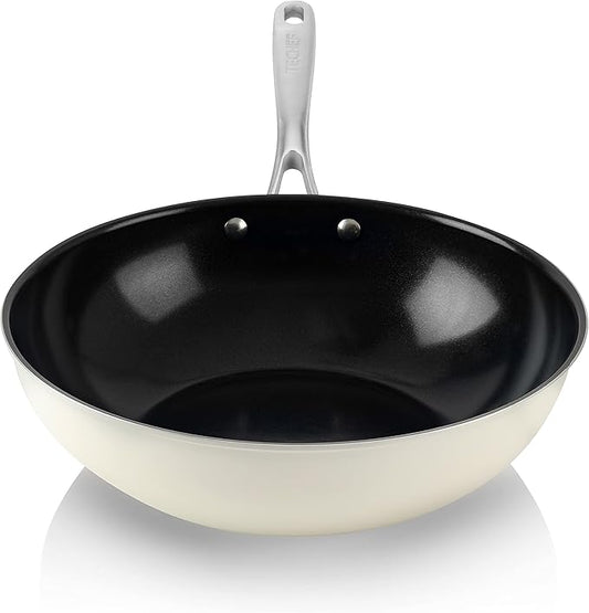TeChef Collection | Ceramic Nonstick Flat Bottom Wok Stir Fry Pan, Nontoxic - Free of PFAS, PFOA, PTFE (Wok 12")