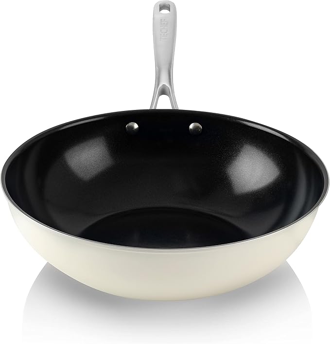 TeChef ValenCera Collectioin | Ceramic Nonstick Flat Bottom Wok Stir Fry Pan with Lid, Nontoxic - Free of PFOA, PTFE, PFAS, Induction Ready, Oven Safe, Made in Korea (Wok/Stir Fry Pan with Lid, 12-in)