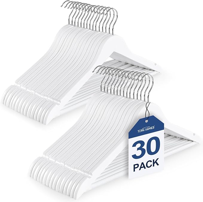 TOPIA HANGER Wooden Coat Hangers 30 Pack, White Wood Suit Hangers with Non Slip Pants Bar, 360째 Swivel Hook and Shoulder Notches for Camisole, Jacket, Pants, Smooth Finish Clothes Hangers -CT34W30