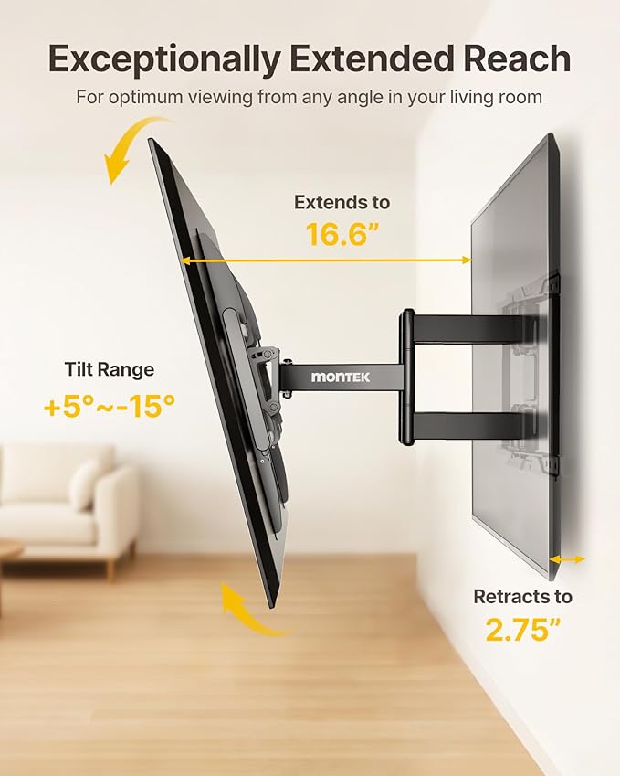 monTEK Heavy Duty TV Wall Mount for 37-90 inch TV up to 165lbs, 4X Load Tested, Full Motion with Dual Articulating Arms, Tool-Free Tilt, Swivel & Extend, VESA 200x100 to 600x400, Fits 12??16" Studs