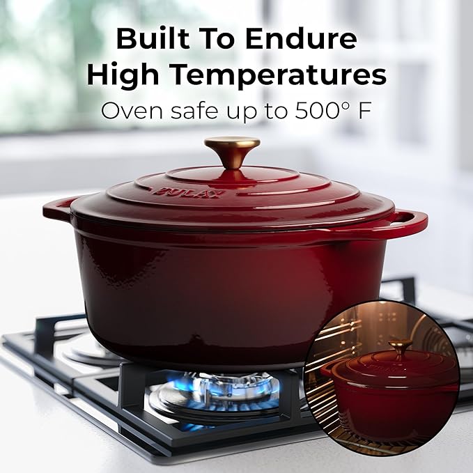 Zulay Kitchen 6 Quart Enameled Cast Iron Dutch Oven Pot with Lid ??Premium Durability & Oven Safe up to 500째F ??Heavy Duty Cookware Perfect for Bread Baking, Stews, Braising & Roasting ??Garnet