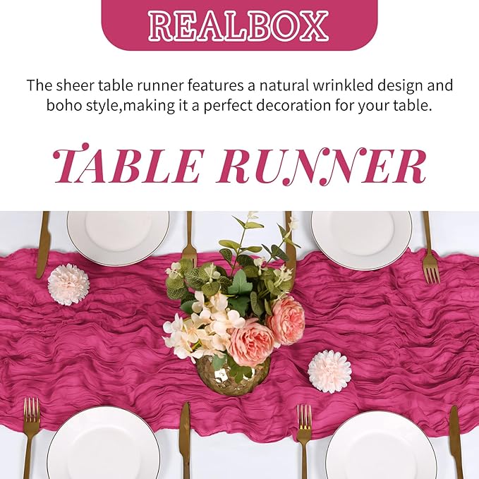 RealBox 3 Pack Hot Pink Cheesecloth Table Runner 17x108 Inch Semi Sheer Boho Gauze Cheese Cloth Fabric Table Runners Table Decor for Wedding Party Baby Shower Birthday Home Decor Garden Farmhouse