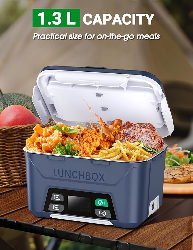 Docusvect Rechargeable Heated Lunch Box for Men, 1.3L Cordless Electric Lunch Box for Adults with Smart Scheduled Heating, Portable Food Warmer with Complete Accessories