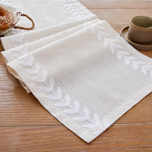 Wracra Embroidered Table Runner Irregular Willow Leaf Table Runners 36 Inches Long for Dresser Home Dining Table Decor,14 x 36 Inch, White