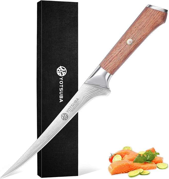 YOTSUBA Fillet Knife, 7 Inch Fish Knives for Filleting, Razor Sharp High Carbon Steel Boning Knife with Ergonomic Rosewood Handle, Ideal Gift for Family and Friends