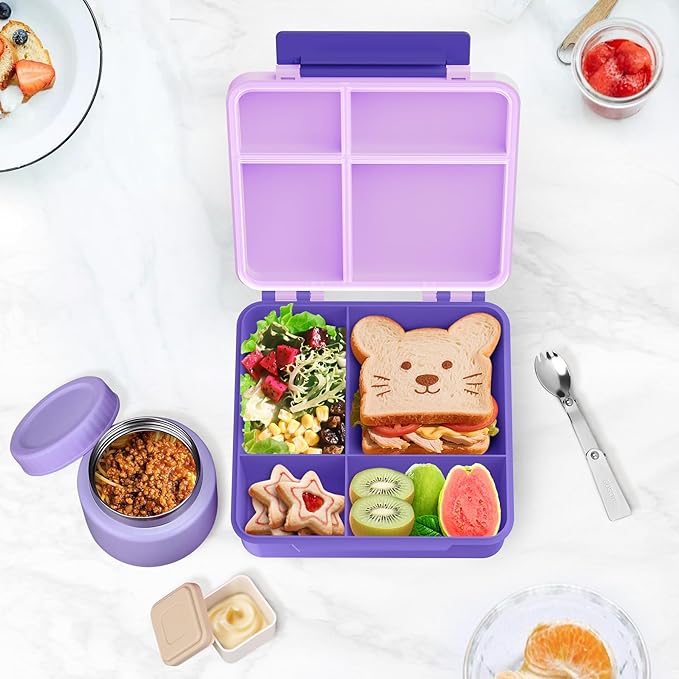 Aimsnk Bento Lunch Box for Kids with 9oz Soup Thermo Leak-Proof Lunch Food Container with 5 Compartment Thermo Hot Food Jar and Insulated Lunch Bag for Kid Toddler Girls Boys to School(Purple)