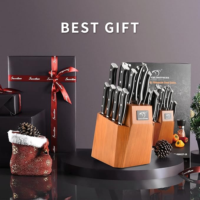 Kitchen Knife Set, 18-Piece Damascus Kitchen Knife Set with Block, ABS Ergonomic Handle for Chef Knife Set, Knife Sharpener and Kitchen Shears, Knife Block Set