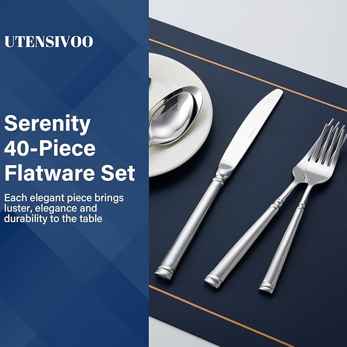 40-Piece Silverware Set for 8竊똕erenity Flatware Set 18/10 Stainless Steel竊똅ine Cutlery Set with Forks, Knives, Spoons竊똃urable and Elegant Design Tableware竊똃ishwasher Safe