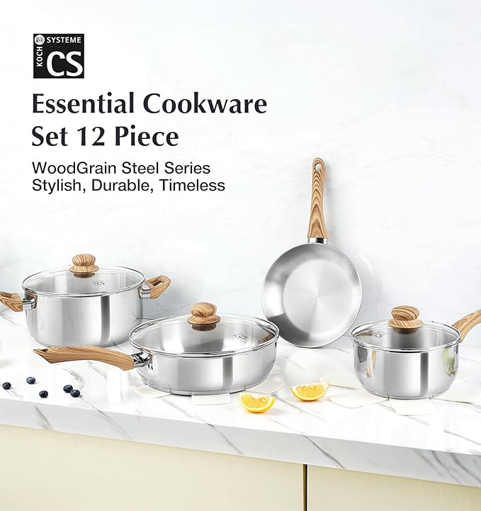 KOCH SYSTEME CS Stainless Steel Pots and Pans Set, Professional 18/10 Cookware Set Pots and Pans Set 12PCS with Cool-Touch Bakelite Handles, Tri-ply Base Kitchen Cookware Sets, Induction Compatible