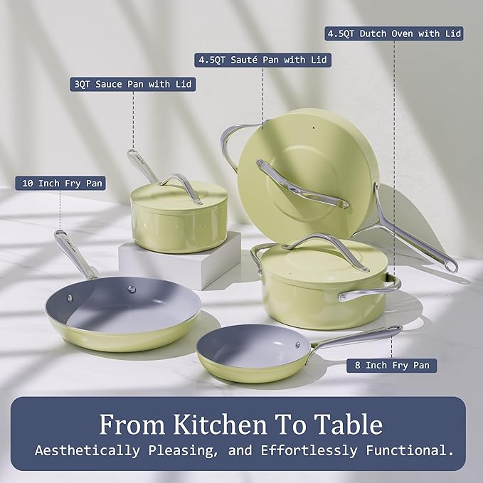 Nonstick Ceramic Frying Pan 10" Non Toxic Cooking Skillet for Eggs Pancakes & Stir Fry Even Heat Distribution PTFE/PFOA/PFAS Free Oven Safe Up to 500째F All Cooktops Compatible, Olive Green