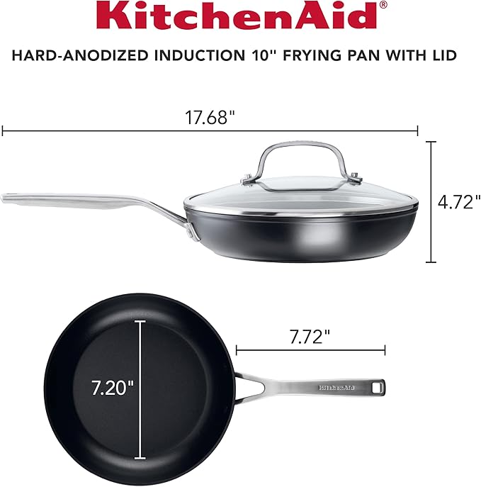 KitchenAid Hard Anodized Induction Nonstick Frying Pan Set With Tempered Lids, 4-Piece - 10 & 12 Inch ??Durable, Even Heating, Oven Safe to 500째F, Dishwasher Safe, Easy-Clean