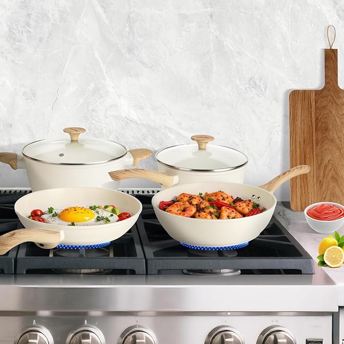 FELAMP Healthy Ceramic Nonstick Cookware Set, 7-Piece PFOA/PFOS/Toxin-Free Pots & Pans Set for Induction & All Stovetops, Dishwasher Safe with Glass Lids竊똆ift for New Home & Chefs