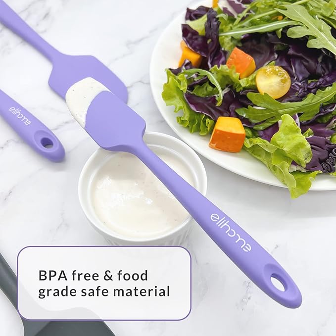 Elihome Chef Series 3 Piece Silicone Spatula Set - 600째F Heat Resistant Non Stick Rubber Kitchen Scraper Spatulas for Cooking, Baking, and Mixing ??BPA Free and LFGB Certified Silicone, Purple Color