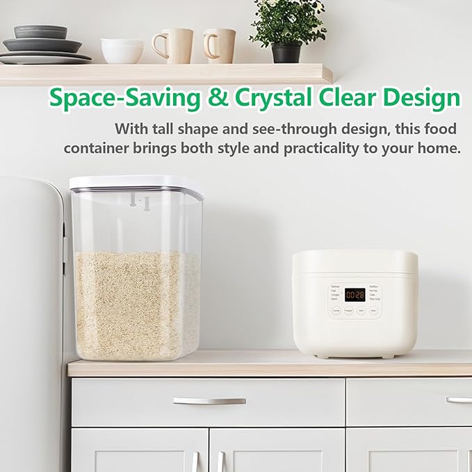 Airtight Rice Container 25 Lbs with Handle and Cup ??12.68Qt Large Flour Sugar Storage Container with Pop Up Seal & Hanging Lid Hooks, Clear Tall Food Storage Bin for Kitchen Pantry Organization