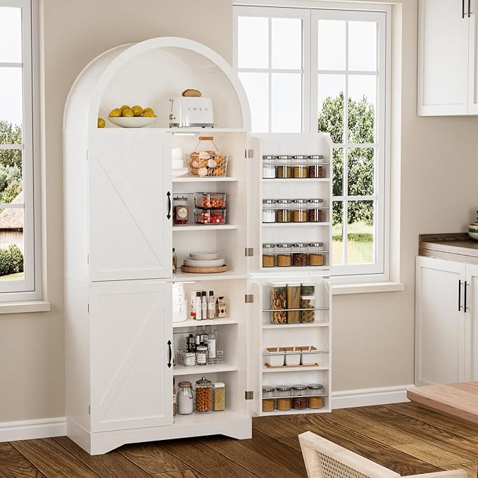 Arched Kitchen Pantry Cabinet with Adjustable Shelves, Modern Farmhouse Storage Cupboard, White Freestanding Wood Cabinet with LED Lights, 70.86 x 29.9 x 15.74 Inches.
