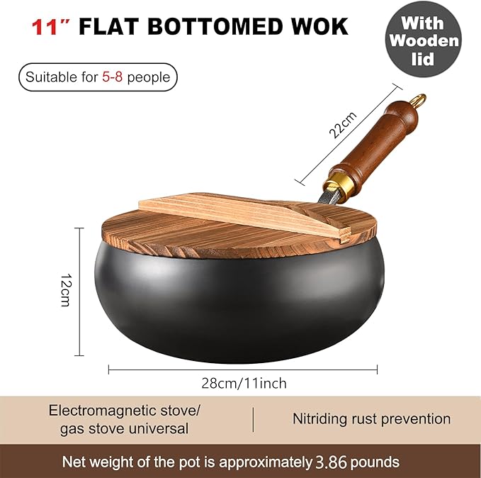 Carbon Steel Wok Pan, 11??Woks & Stir-Fry Pans with wooden Lid Cookwares, Nonstick Wok Flat Bottom Small Handmade Chinese Wok For for All Stoves