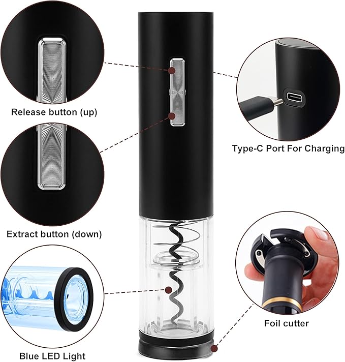 COKUNST Electric Wine Opener, Rechargeable Automatic Wine Corkscrew Bottle Opener With Foil Cutter, Type-C Charging Wine Openers With LED Light For Home Party Restaurant Wedding Gifts