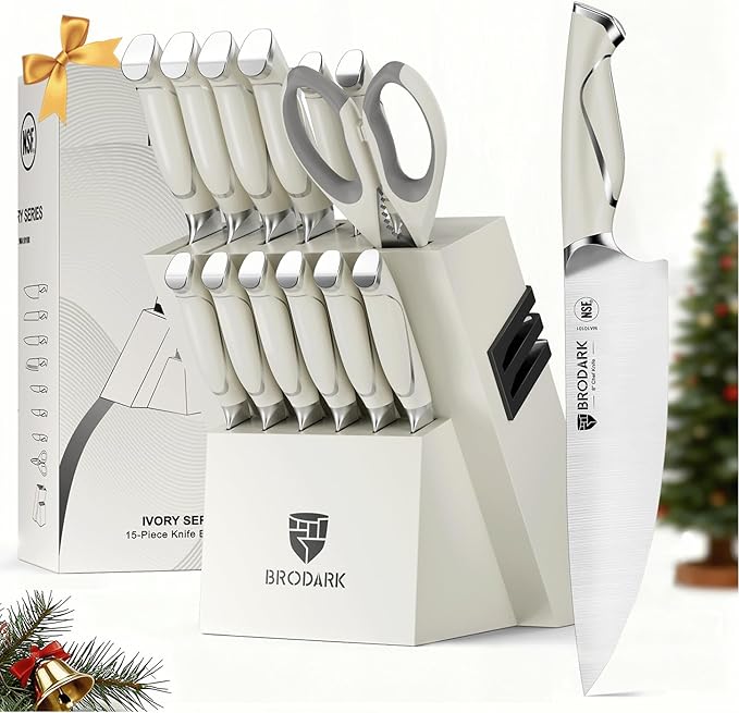 BRODARK Kitchen Knife Sets with Block and Built-in Sharpener - 15 Pcs Full Tang Professional Chef Knife Set - NSF Certified Food Grade Stainless Steel Cutlery Set - Ivory Series for Christmas Gift