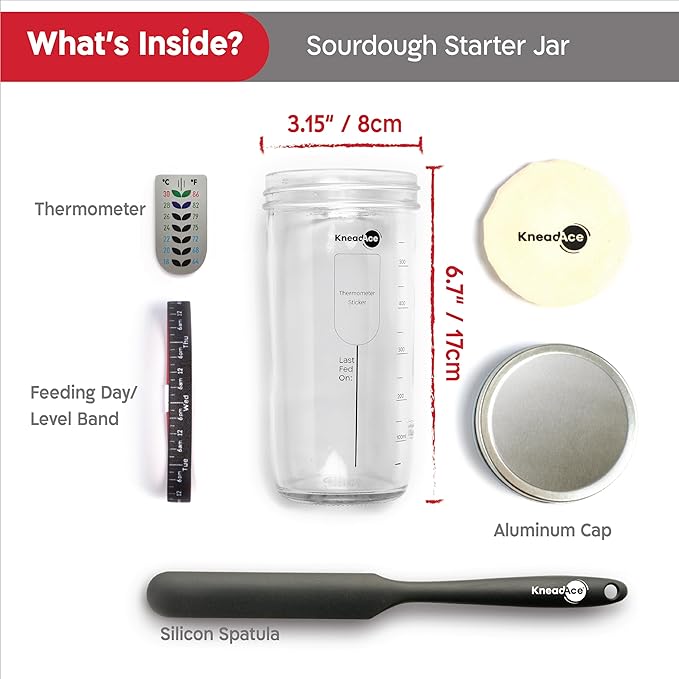 KNEADACE Sourdough Starter Jar With Date Marked Feeding Band, Thermometer, Sourdough Jar Scraper, Sourdough Container Sewn Cloth Cover & Metal Lid, Sourdough Starter Kit (2 Pack)