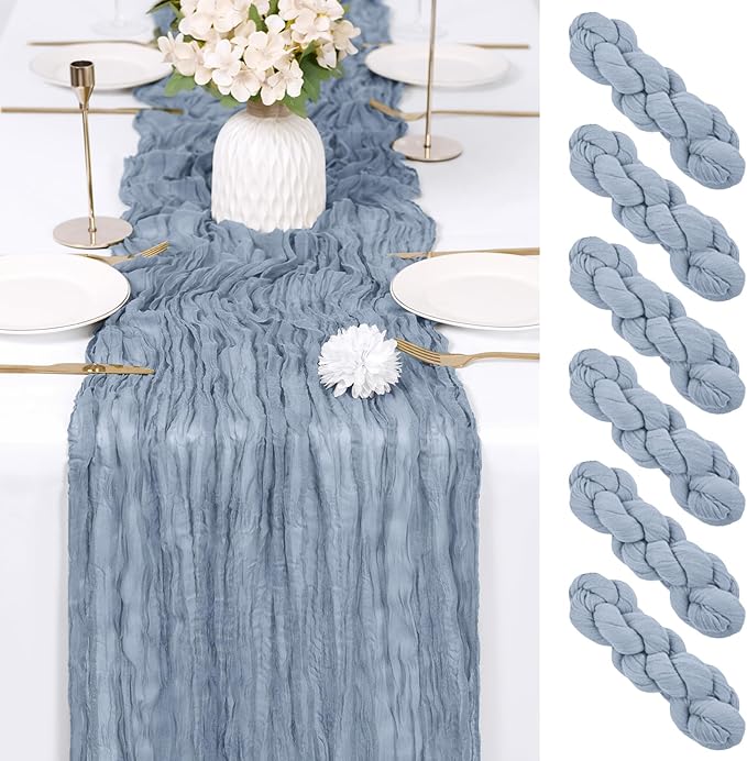 RealBox 6 Pack Dusty Blue Cheesecloth Table Runner 17x108 Inch Semi Sheer Boho Gauze Cheese Cloth Fabric Table Runners Table Decor for Wedding Party Baby Shower Birthday Home Decor Garden Farmhouse