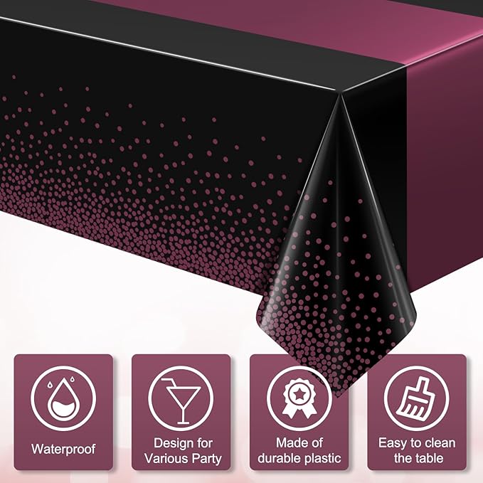 3Pcs Black and Maroon Purple Tablecloth Party Decorations,Plastic Black Table Cloth Printed Maroon Purple Table Runner Disposable Rectangle Table Cover for Birthday Wedding Graduation Party,54x108Inch