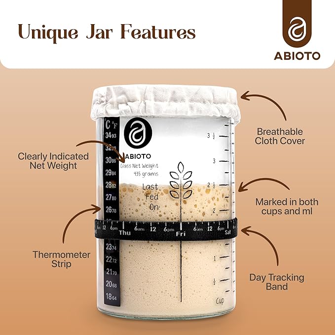 Sourdough Starter Jar Kit, Includes 34 oz Sourdough Starter Jar with Metallic Lid, Silicone Spatula, Feeding Tracker, Extra Thermometer Strips & Breathable Covers ??Sourdough Bread Starter Kit
