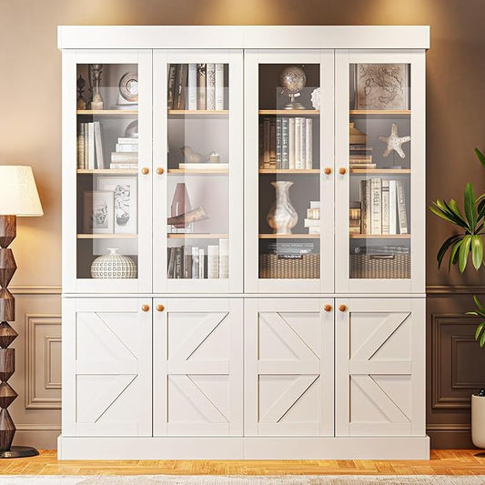 71" Tall Farmhouse Bookshelves Bookcase with Glass Doors, Adjustable Shelves, Large Wooden Storage Cabinet for Living Room, Home Office, Dining Room, White, Set of 2