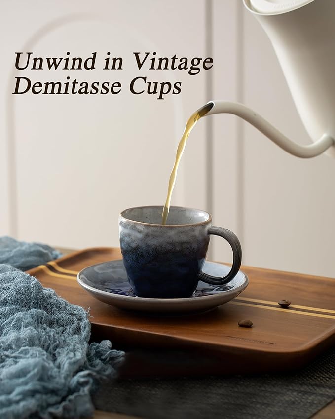 3 oz Espresso Cups Set of 4, Mini Italian Double Espresso Coffee Cup, Vintage Small Ceramic Demitasse Cups with Saucer for Lungo Coffee, Blue