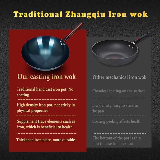 14 Inch Chinese Hand Hammered Iron Wok and Stir Fry Pans with Wooden Handle and Lid Round Bottom Wok Pan Non-stick No Coating Ideal for Home Use and Gift Giving