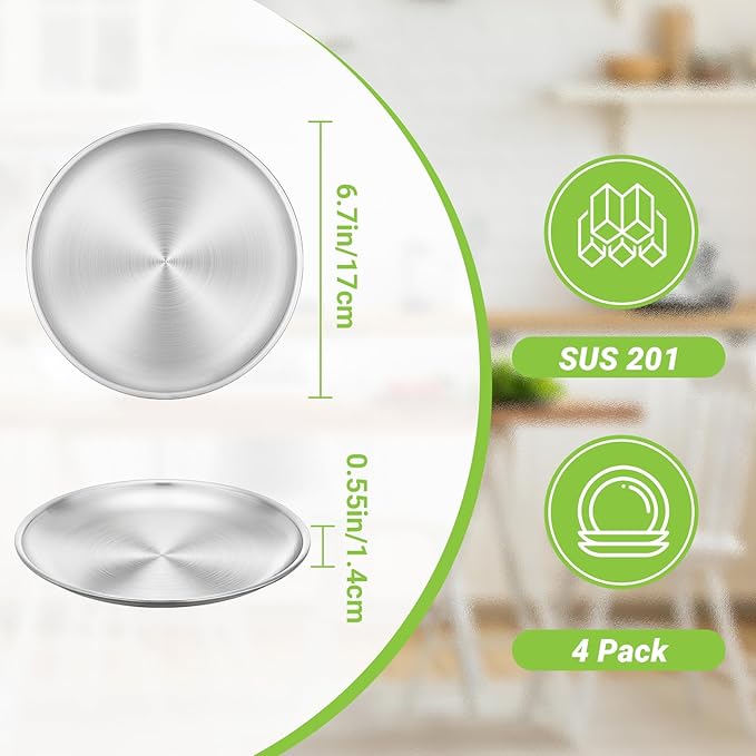 Stainless Steel Plates, 4 Set 6.7 inch Mini 201 Metal Food Serving Plate, Reusable Snack Eating Dishes Round Brushed Finish Silver Dinnerware Dish for BBQ Dinner Oven Dishwasher Safe