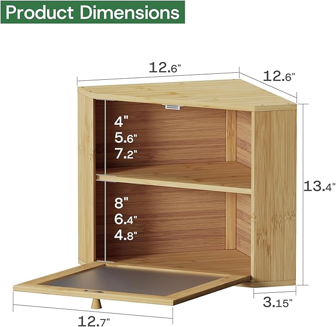 Bamboo Corner Bread Box for Kitchen Countertop - Wavy Acrylic Door, Adjustable 2-Layer Bread Storage Container, Large Bread Holder