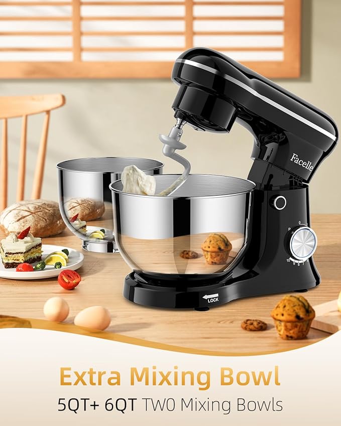Tilt-Head Stand Mixer, 5QT+6QT Stainless Steel Two Bowls, 10 Speeds Kitchen Electric Food Mixer with Egg Whisk, Dough Hook, Beater, Dishwasher-Safe Attachment, Ideal Gift for Mom (Black)