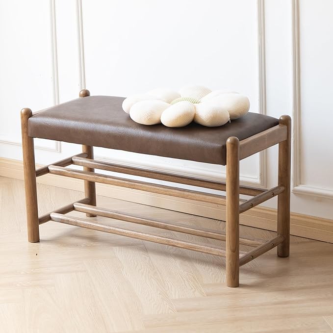 XINNAN Solid Wood Entryway Bench with Shoe Storage, Rustic Oak Wood and PU Leather 31.5 Inch Long Seating for Living and Dining Rooms, 3-Tier Brown
