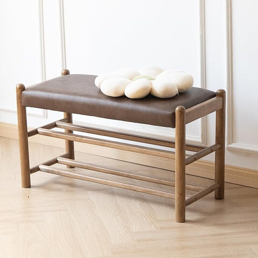 XINNAN Solid Wood Entryway Bench with Shoe Storage, Rustic Oak Wood and PU Leather 31.5 Inch Long Seating for Living and Dining Rooms, 3-Tier Brown