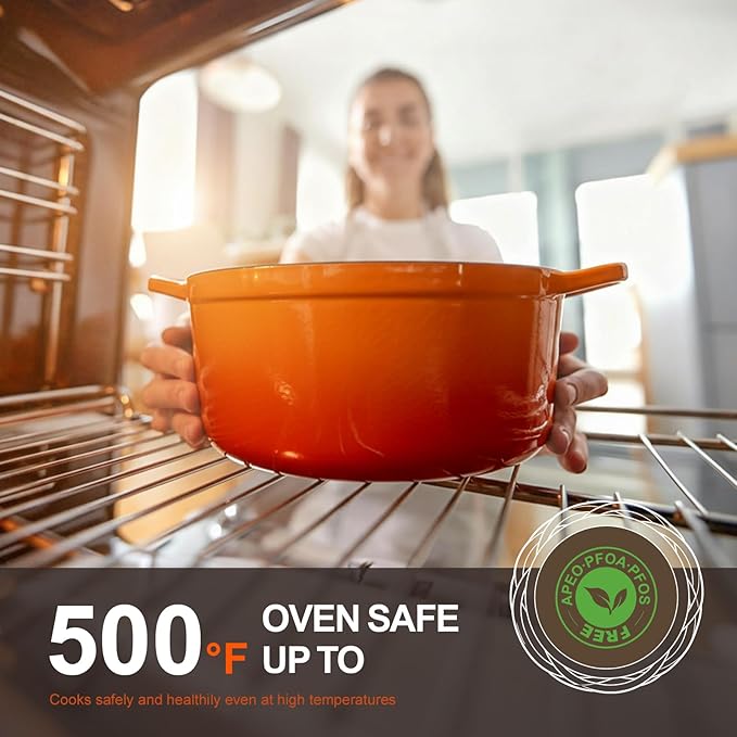 Overmont Refined Enameled Cast Iron Dutch Oven - 5.5QT Pot with Wide Handles Lid Cookbook & Cotton Potholders - Heavy-Duty Pre-Seasoned Cookware Oven Safe to 500째F for Braising, Stews, Roasting, Bread Baking