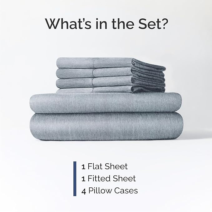 Queen 6 Piece Sheet Set - Cooling & Breathable Bed Sheets - Hotel Luxury Bed Sheets for Women, Men, Kids & Teens - Deep Pocket Bedding w/Easy Fit - Soft & Wrinkle Free - Queen Heathered Blue Sheets