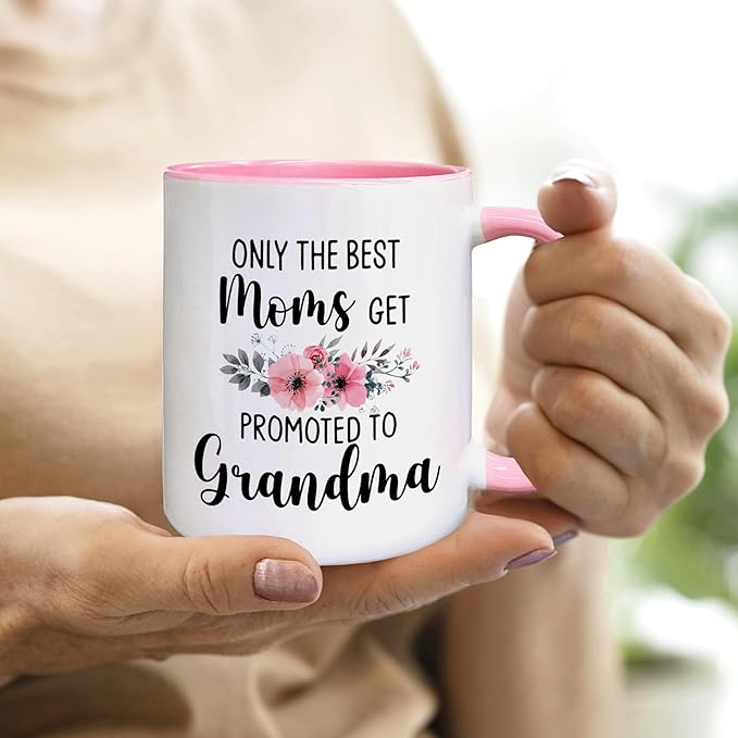 QASHWEY Grandma to Be Gifts Coffee Mugs Mug, Funny Pregnancy Announcement Gifts for Mom NewGrandma, Get Promoted to Grandma Double Side Printed Ceramic Mug Cup 11 Ounce(Pink)
